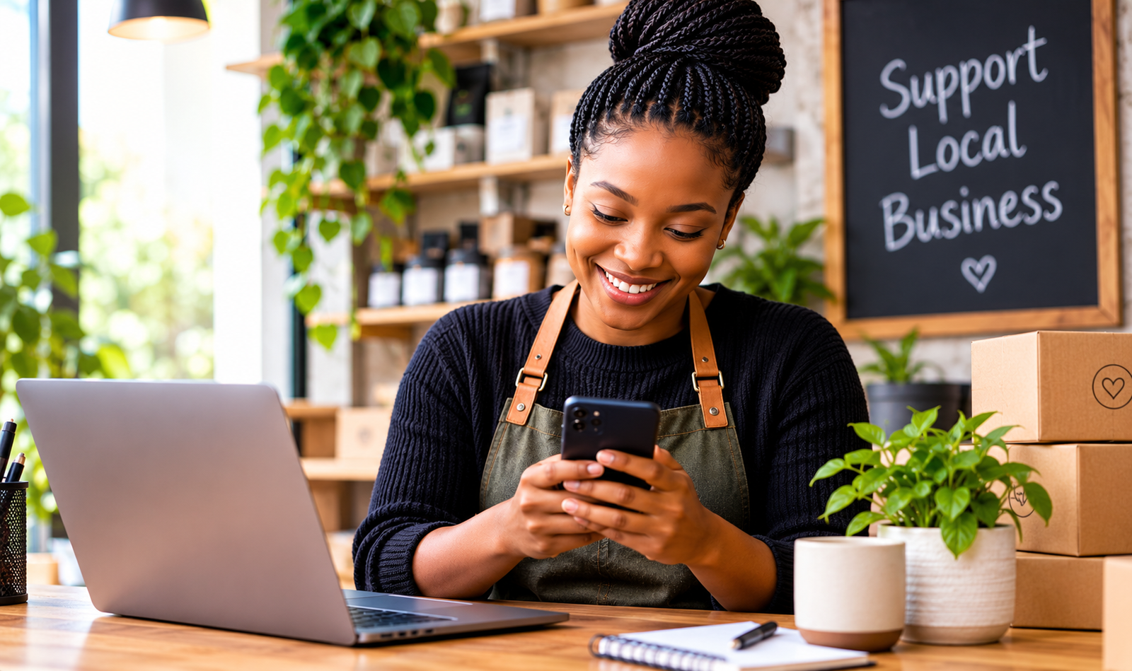 A local business owner checking WhatsApp on her phone
